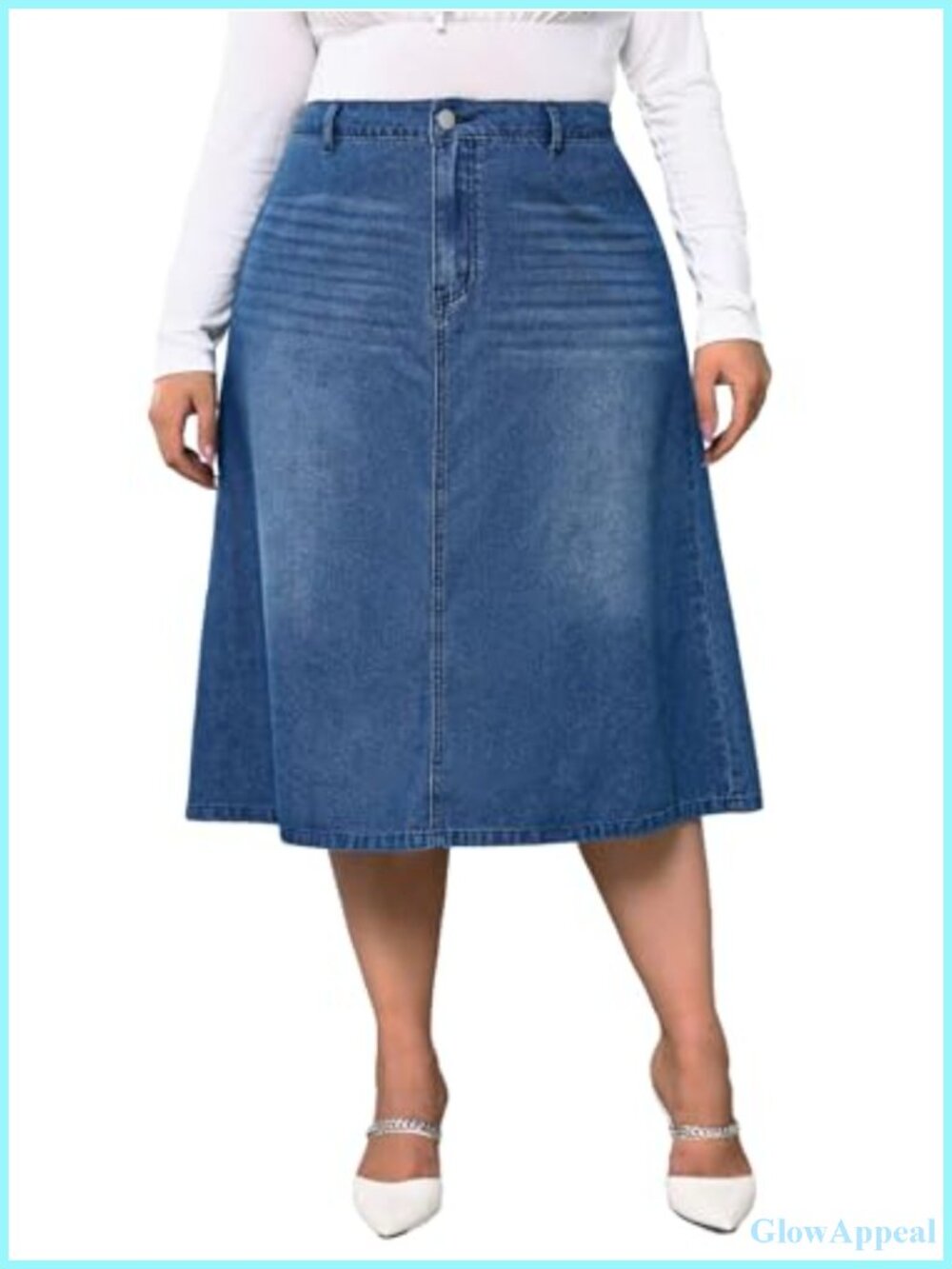 Plus Size High Waisted A-Line Jean Midi Skirt Casual Denim